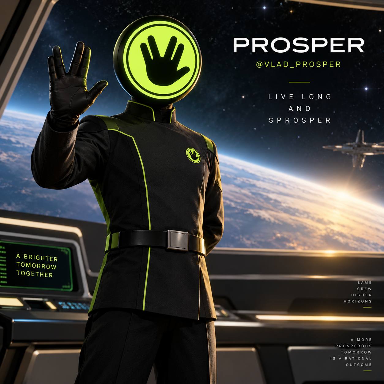 $PROSPER figure in a Starfleet-style uniform giving the Vulcan salute